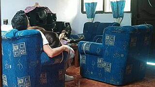 Stepsis fucks boyfriend doggystyle living room! I spy jerking off hidden!