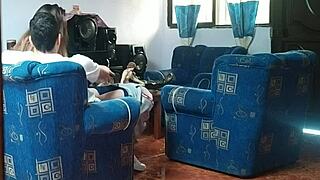 Stepsis fucks boyfriend doggystyle living room! I spy jerking off hidden!