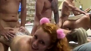 Blonde milf and redhead amateurs bent over for intense doggystyle orgy pounding