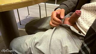 after her sloppy handjob under the table, cute bbw babe deepthroats monster cock in public toilet