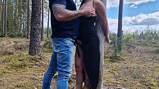 handcuffed milf slut tied to tree in public forest gets fucked deep by boss daddy