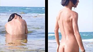 Skinny latina slut strips thong and flashes hairy pussy on public beach