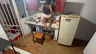 Hidden cam catches my slut wife horny from cleaning, we fuck like wild lesbians