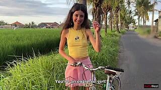 Cute 18+ teen rides stranger's hard cock in forest creampie finish!