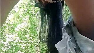 Cutie teen masturbates pussy by river unaware horny voyeur licks her to squirting orgasm