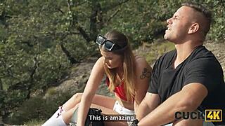 Cuckold wife dreams of two cocks as husband watches and jerks off in forest