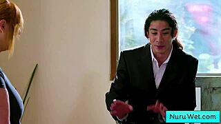 Sexy big tit blonde masseuse Lauren Phillips shows nuru massage to David Lee