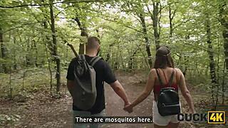 Cuckold wife dreams of two cocks as husband watches and jerks off in forest