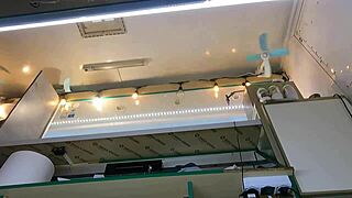 boss fingers wet shaved pussy of brunette shop girl while customer chats