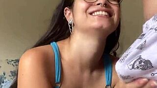 nerd morena with big natural tits gives deep blowjob to wellington prado's huge cock in jeans shorts