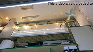 boss fingers wet shaved pussy of brunette shop girl while customer chats