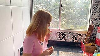 Wow! Brazilian babe bent over for anal creampie doggystyle in kitchen sheer!