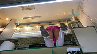 boss fingers wet shaved pussy of brunette shop girl while customer chats