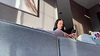 Hot skinny tattooed college cheerleader shows up for porn shoot handjob pov