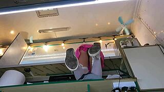 boss fingers wet shaved pussy of brunette shop girl while customer chats