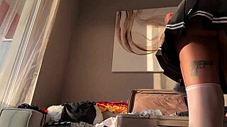 Hot skinny tattooed college cheerleader shows up for porn shoot handjob pov