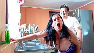 stepmom moans loud topless while kitchen fuck gets rough