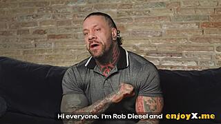 Tattooed hunk pounds brunette's shaved pussy with rigid cock in hardcore cowgirl ride