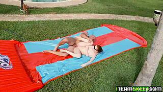 jmac pounds amber addis shaved pussy doggystyle outdoors she screams