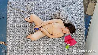 curvy milf brunette yanks her juicy cunt with big dildo to orgasm