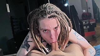 Tall tattooed teen slut sucks monster cock then rides rough in lingerie