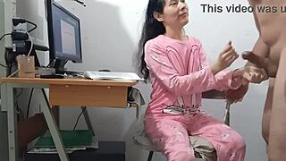 Padrastro spills hot cum on my pink pajamas during sneaky homemade fuck