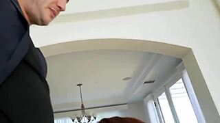 Busty redhead neighbor wife sucks big dick to please