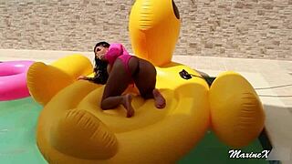 Maxine X masturbates wet pussy poolside with BBC sex toy