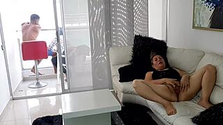 i catch my horny mature latina stepmom furiously rubbing her shaved pussy to intense orgasm licking frenzy