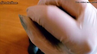 im jerking off this huge black dildo with gloves close up pov homemade fetish wet handjob