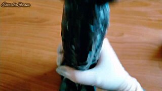 im jerking off this huge black dildo with gloves close up pov homemade fetish wet handjob