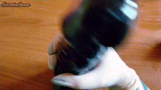 im jerking off this huge black dildo with gloves close up pov homemade fetish wet handjob