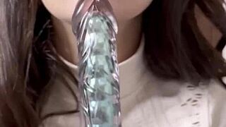 susy gala plays naughty dildo blowjob cum dripping over big fake tits