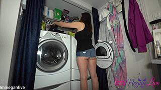 Milf Bends Over Big Tits Jiggling in Tiny Shorts Dryer POV