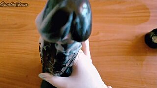 im jerking off this huge black dildo with gloves close up pov homemade fetish wet handjob