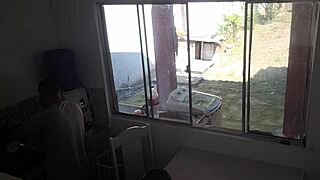 deaf husband washes dishes while curvy wife bangs huge black cock in kitchen