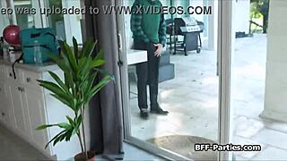 Amateur Teens Catch Nerd Jerking Huge Cock and Drag Him Into Foursome