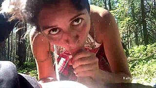 naughty young slut ponytail sucks stranger cock deep in forest public thrill