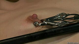 brunette bound to desk takes relentless machine dildo assfucking