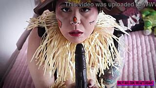 Curvy bbw latina scarecrow in juicy halloween costume spits wet on huge natural tits during solo dildo pussy play