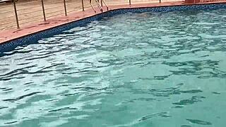 Oiled curvy BBW bitch poolside pounding ends in massive cumshot