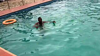 Oiled curvy BBW bitch poolside pounding ends in massive cumshot