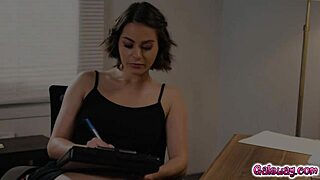 sexy babes jenna sativa and nicole aria grind shaved pussies over desk in hot tribbing action