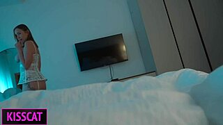 pov kisscat crawls in bed for teasing blowjob then bounces cowgirl to facial creampie finish