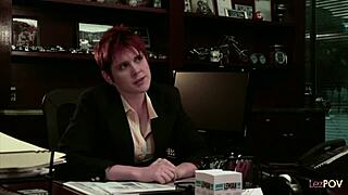rude redhead boss strips and rams submissive lesbian employee with strapon in nasty face sitting fingering session