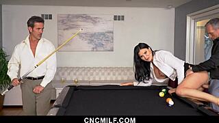 Kinky Office Milf Handles Two Businessmen in Bent-Over Threesome with Muff Diving and Riding