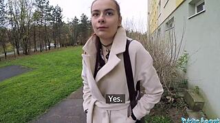 Russian Student Shaved Pussy Pounded Hard in Public Stairwell