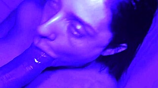 Blowjob deepthroat leads to creampie in blue light with big cock babe