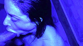 Blowjob deepthroat leads to creampie in blue light with big cock babe