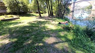 dude that stranger sneaks a massage on milf's huge hairy pussy at crowded beach